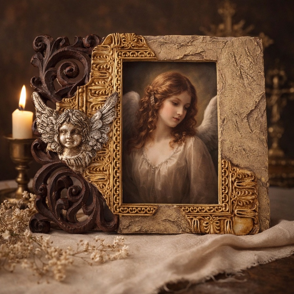 Ornate Angel Cherub Picture Frame 4x6 Photo Gold & Stone Finish Dark Academia